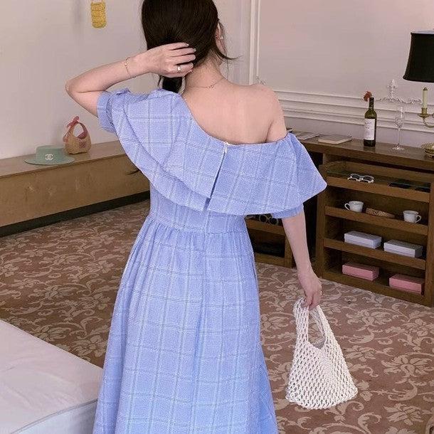 オフショルフリルフレアチェックワンピース 6683-blue_お取り寄せ6683-画像6-韓国ファッション通販POPREA［ポップリア］