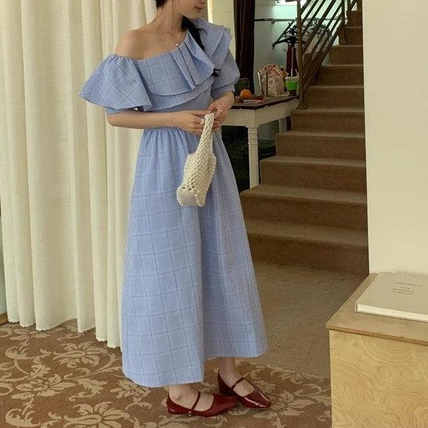 オフショルフリルフレアチェックワンピース 6683-blue_お取り寄せ6683-画像7-韓国ファッション通販POPREA［ポップリア］