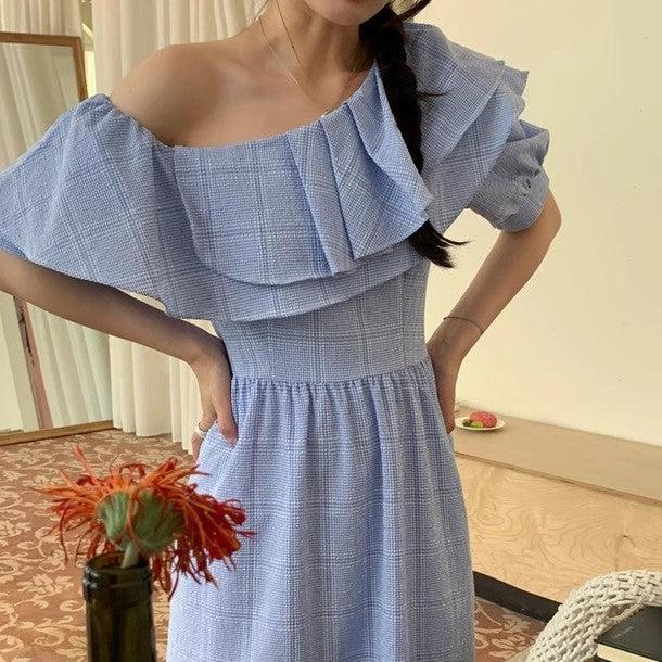 オフショルフリルフレアチェックワンピース 6683-blue_お取り寄せ6683-画像8-韓国ファッション通販POPREA［ポップリア］