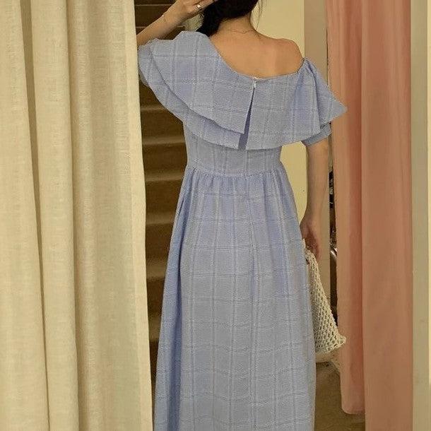 オフショルフリルフレアチェックワンピース 6683-blue_お取り寄せ6683-画像9-韓国ファッション通販POPREA［ポップリア］