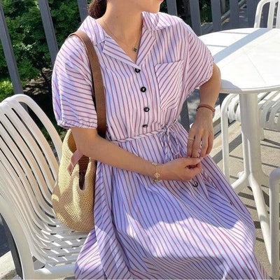 開襟ストライプパターンワンピース 6693-red_お取り寄せ6693-画像7-韓国ファッション通販POPREA［ポップリア］