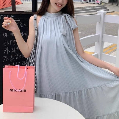 ブルーホルターネックリボン付ドレス 6694-blue_お取り寄せ6694-画像5-韓国ファッション通販POPREA［ポップリア］