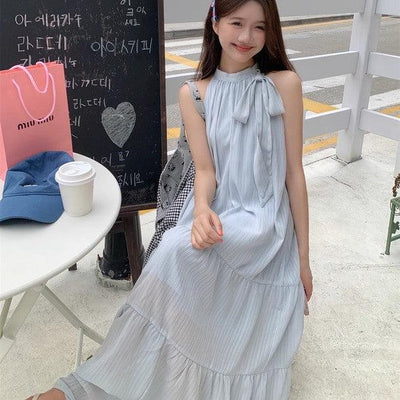 ブルーホルターネックリボン付ドレス 6694-blue_お取り寄せ6694-画像8-韓国ファッション通販POPREA［ポップリア］
