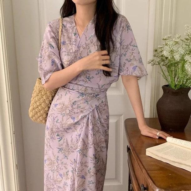 花柄カシュクールワンピース 6747-purple_お取り寄せ67472-画像1-韓国ファッション通販POPREA［ポップリア］