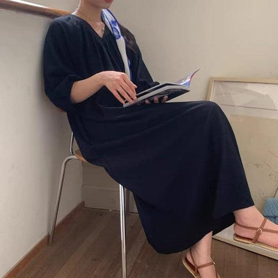 Vネックブラックワンピース﻿ 6759-black_お取り寄せ6759-画像2-韓国ファッション通販POPREA［ポップリア］