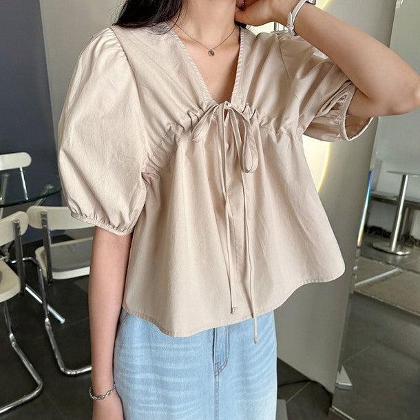 Vネックフロントリボンブラウス﻿ 6770-ivory_お取り寄せ6770-画像1-韓国ファッション通販POPREA［ポップリア］