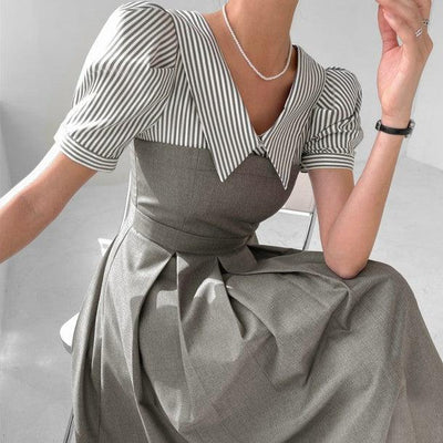 ストライプシャツドッキンググレイワンピース 6786-gray_お取り寄せ6786-画像2-韓国ファッション通販POPREA［ポップリア］