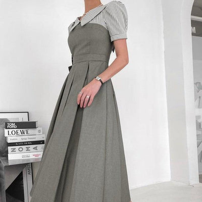 ストライプシャツドッキンググレイワンピース 6786-gray_お取り寄せ6786-画像1-韓国ファッション通販POPREA［ポップリア］