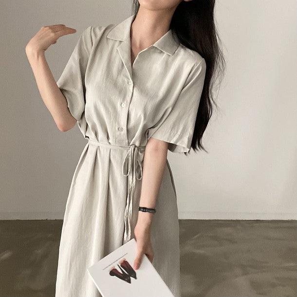 ストラップ付き半袖シャツワンピース 6789-ivory_お取り寄せ67891-画像1-韓国ファッション通販POPREA［ポップリア］