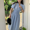 Vネックウエストギャザーワンピース 6790-blue_お取り寄せ6790-画像10-韓国ファッション通販POPREA［ポップリア］