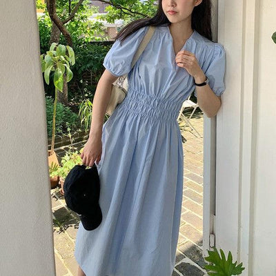 Vネックウエストギャザーワンピース 6790-blue_お取り寄せ6790-画像10-韓国ファッション通販POPREA［ポップリア］