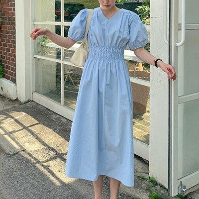 Vネックウエストギャザーワンピース 6790-blue_お取り寄せ6790-画像12-韓国ファッション通販POPREA［ポップリア］