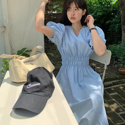 Vネックウエストギャザーワンピース 6790-blue_お取り寄せ6790-画像2-韓国ファッション通販POPREA［ポップリア］