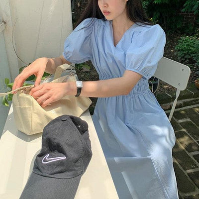 Vネックウエストギャザーワンピース 6790-blue_お取り寄せ6790-画像3-韓国ファッション通販POPREA［ポップリア］
