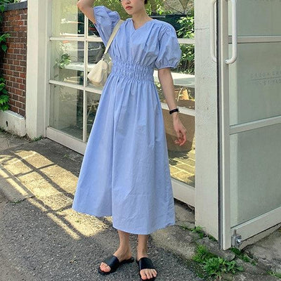 Vネックウエストギャザーワンピース 6790-blue_お取り寄せ6790-画像4-韓国ファッション通販POPREA［ポップリア］