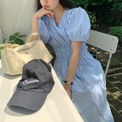 Vネックウエストギャザーワンピース 6790-blue_お取り寄せ6790-画像5-韓国ファッション通販POPREA［ポップリア］