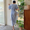 Vネックウエストギャザーワンピース 6790-blue_お取り寄せ6790-画像6-韓国ファッション通販POPREA［ポップリア］