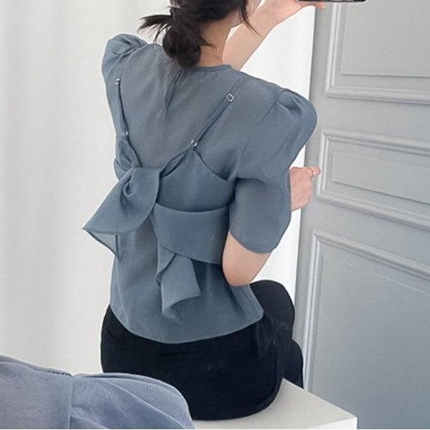 レイヤードバックリボントップス 6804-gray_お取り寄せ6804-画像1-韓国ファッション通販POPREA［ポップリア］