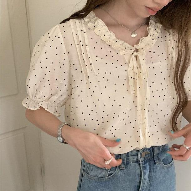 パフスリリボンドットブラウス﻿﻿ 6809-ivory_お取り寄せ6809-画像10-韓国ファッション通販POPREA［ポップリア］