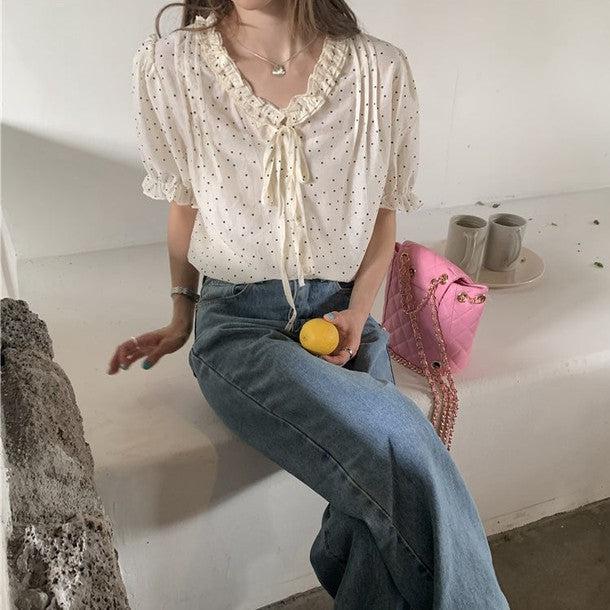 パフスリリボンドットブラウス﻿﻿ 6809-ivory_お取り寄せ6809-画像11-韓国ファッション通販POPREA［ポップリア］