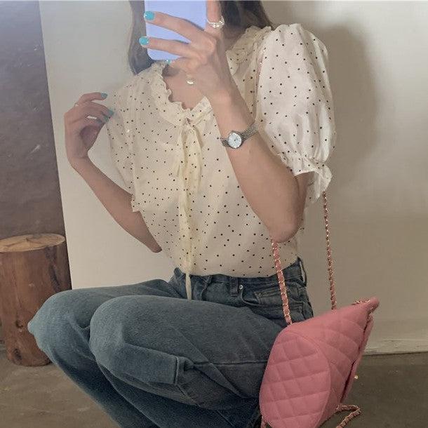 パフスリリボンドットブラウス﻿﻿ 6809-ivory_お取り寄せ6809-画像13-韓国ファッション通販POPREA［ポップリア］