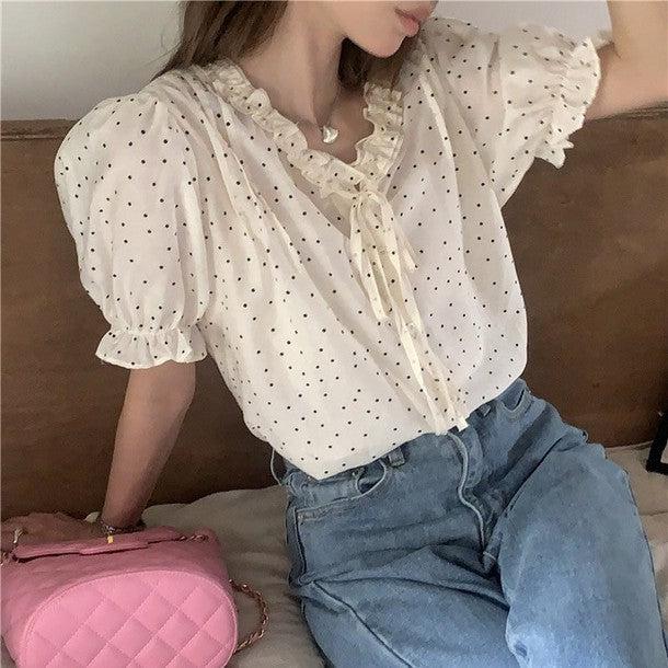 パフスリリボンドットブラウス﻿﻿ 6809-ivory_お取り寄せ6809-画像2-韓国ファッション通販POPREA［ポップリア］