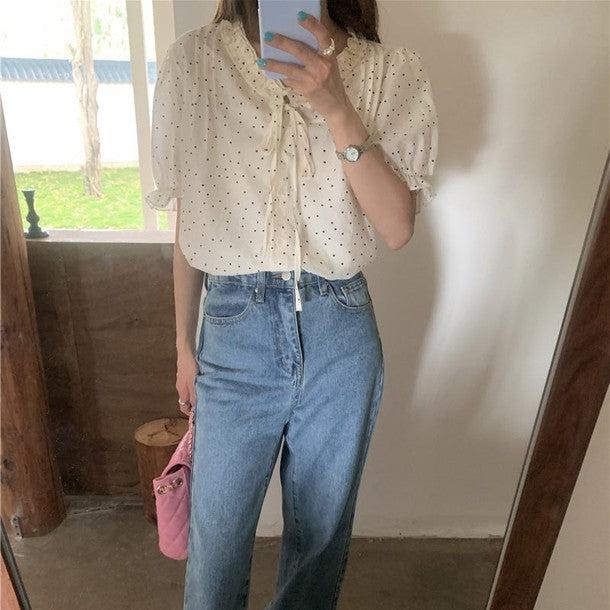 パフスリリボンドットブラウス﻿﻿ 6809-ivory_お取り寄せ6809-画像3-韓国ファッション通販POPREA［ポップリア］