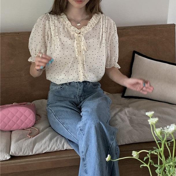 パフスリリボンドットブラウス﻿﻿ 6809-ivory_お取り寄せ6809-画像4-韓国ファッション通販POPREA［ポップリア］