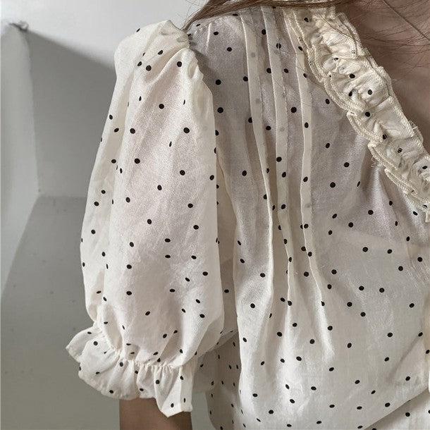 パフスリリボンドットブラウス﻿﻿ 6809-ivory_お取り寄せ6809-画像5-韓国ファッション通販POPREA［ポップリア］