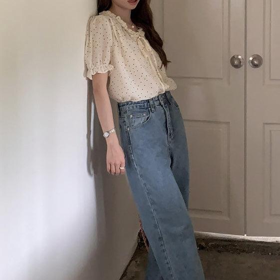 パフスリリボンドットブラウス﻿﻿ 6809-ivory_お取り寄せ6809-画像6-韓国ファッション通販POPREA［ポップリア］