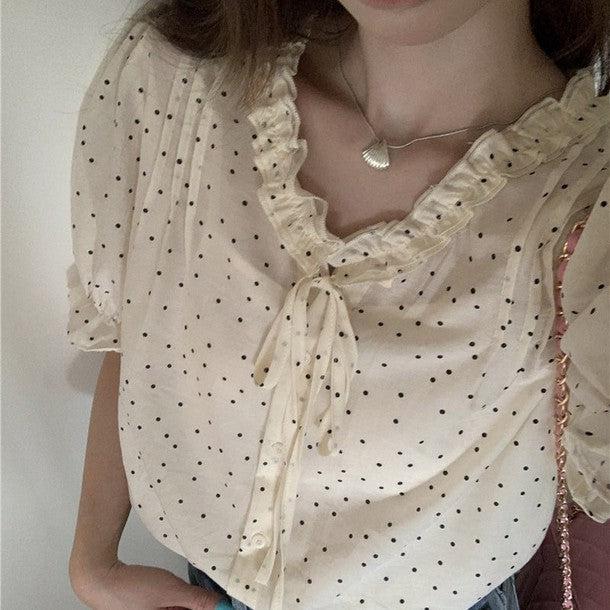 パフスリリボンドットブラウス﻿﻿ 6809-ivory_お取り寄せ6809-画像8-韓国ファッション通販POPREA［ポップリア］