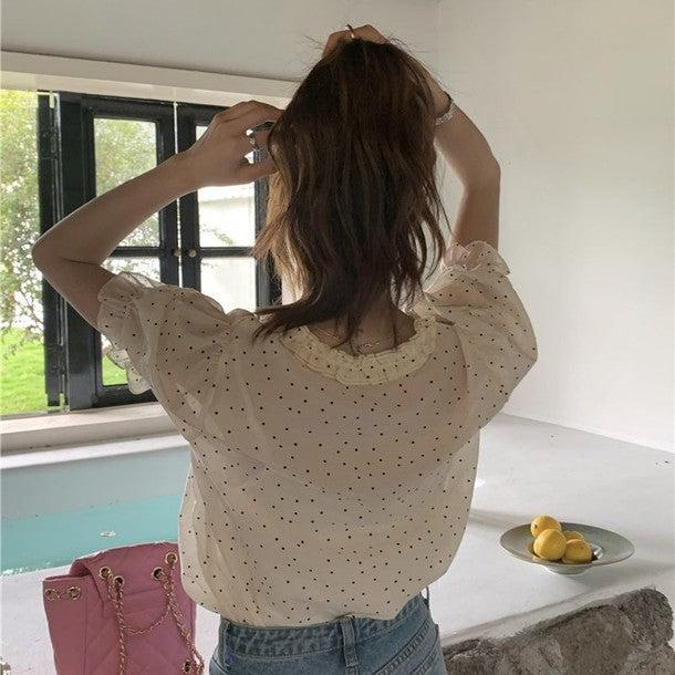 パフスリリボンドットブラウス﻿﻿ 6809-ivory_お取り寄せ6809-画像9-韓国ファッション通販POPREA［ポップリア］