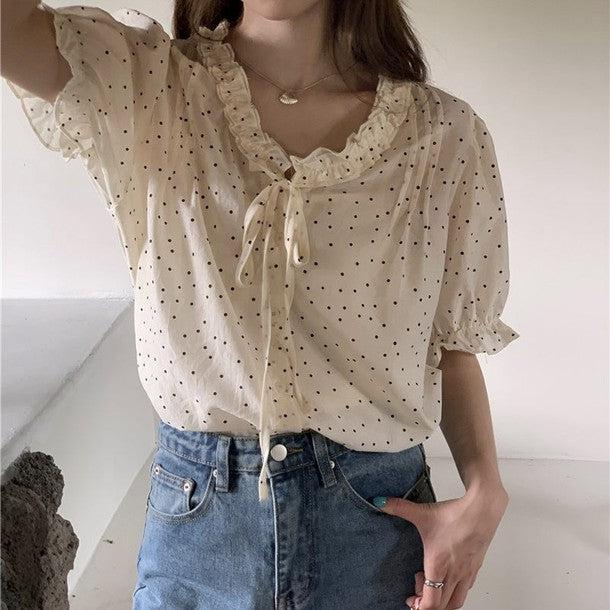 パフスリリボンドットブラウス﻿﻿ 6809-ivory_お取り寄せ6809-画像1-韓国ファッション通販POPREA［ポップリア］
