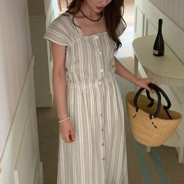 スクエアネックストライプワンピース﻿﻿ 6815-ivory_お取り寄せ6815-画像1-韓国ファッション通販POPREA［ポップリア］