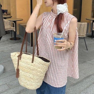 ノースリーブルーズストライプブラウス 6823-pink_お取り寄せ6823-画像3-韓国ファッション通販POPREA［ポップリア］