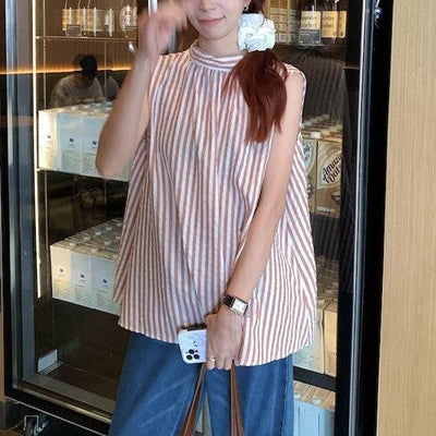 ノースリーブルーズストライプブラウス 6823-pink_お取り寄せ6823-画像5-韓国ファッション通販POPREA［ポップリア］