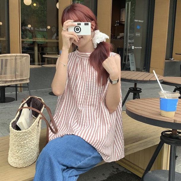 ノースリーブルーズストライプブラウス 6823-pink_お取り寄せ6823-画像1-韓国ファッション通販POPREA［ポップリア］