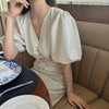 Vネックバブルスリーブドレス 6824-ivory_お取り寄せ6824-画像9-韓国ファッション通販POPREA［ポップリア］