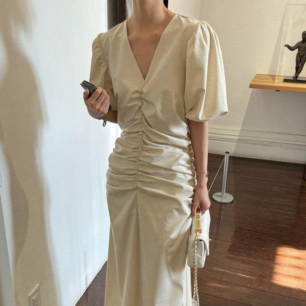 Vネックバブルスリーブドレス 6824-ivory_お取り寄せ6824-画像1-韓国ファッション通販POPREA［ポップリア］