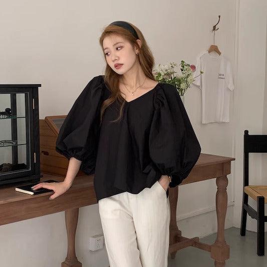 バルーンスリーブVネックブラウス 6018-画像10-韓国ファッション通販POPREA［ポップリア］
