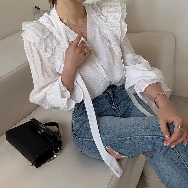 長袖Vネックフリルブラウス 6493-画像10-韓国ファッション通販POPREA［ポップリア］