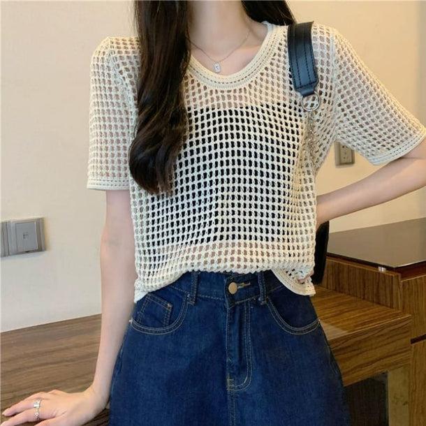 透かし編みクロップドサマーニット 6072-画像10-韓国ファッション通販POPREA［ポップリア］