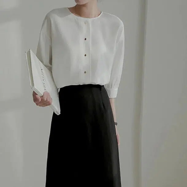 ゴールドボタン七分袖ブラウス﻿﻿ 6049-画像10-韓国ファッション通販POPREA［ポップリア］