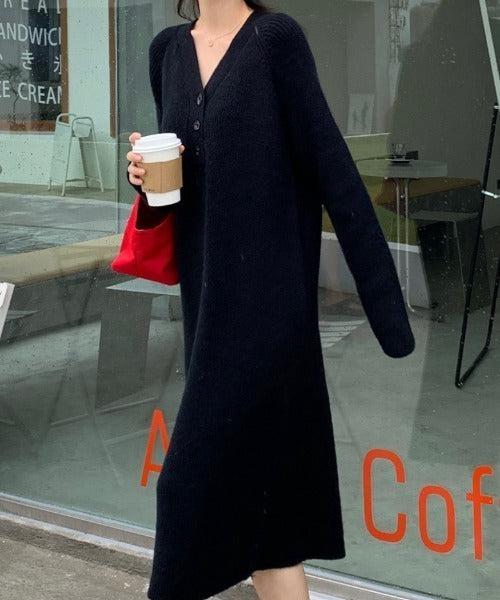 Vネックボタンリブニットワンピース 6334-画像10-韓国ファッション通販POPREA［ポップリア］