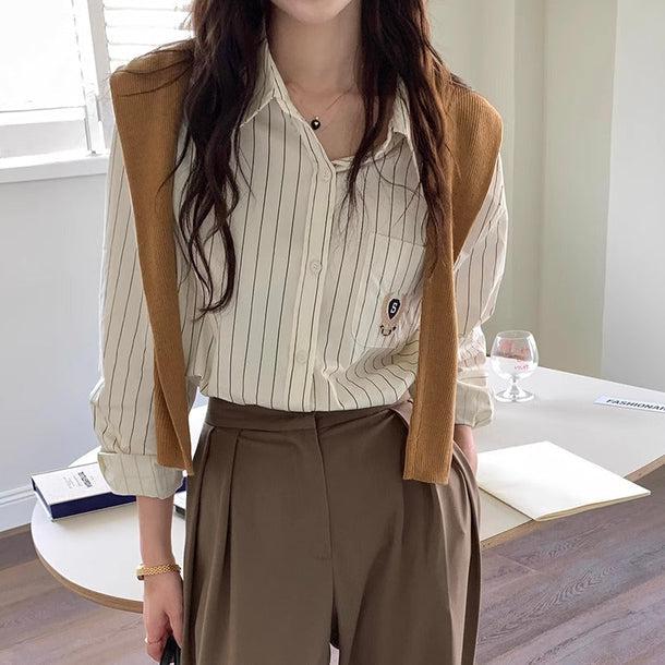 エンブレム刺繍ストライプシャツ 6177-画像10-韓国ファッション通販POPREA［ポップリア］