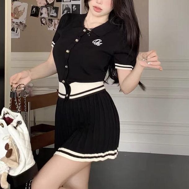 POLOニット＆ショートプリーツニットスカート﻿ 6109-画像10-韓国ファッション通販POPREA［ポップリア］