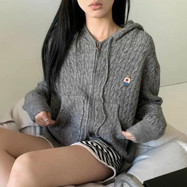 ポイントベアフード付きジッパーケーブルニット 6243-画像10-韓国ファッション通販POPREA［ポップリア］