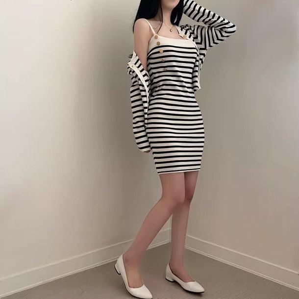 ボーダーキャミタイトワンピース＆カーディガン﻿ 6132-画像10-韓国ファッション通販POPREA［ポップリア］