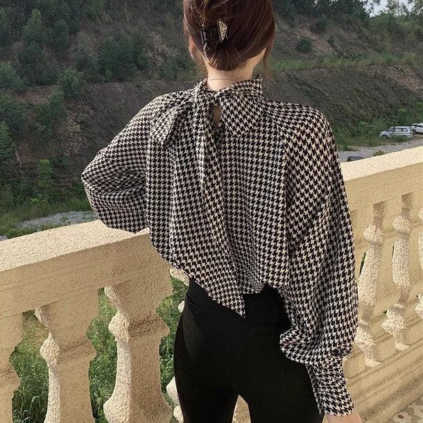 千鳥柄ボウタイブラウス 6292-画像10-韓国ファッション通販POPREA［ポップリア］