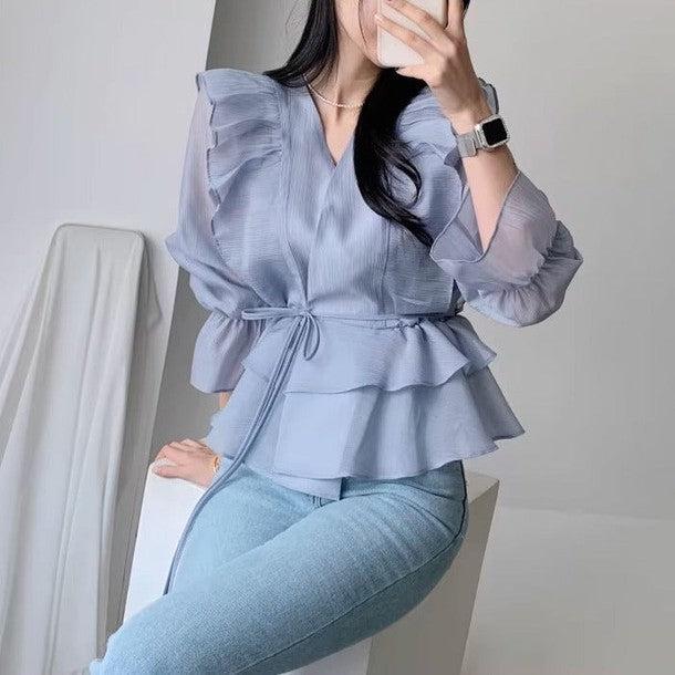 バブルスリーブフリルシフォンブラウス 6494-画像11-韓国ファッション通販POPREA［ポップリア］